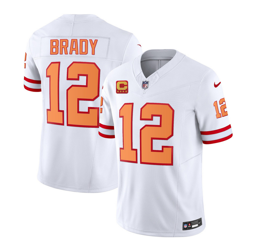 Men's Tampa Bay Buccaneers #12 Tom Brady 2023 F.U.S.E. White With 4-Star C Patch Throwback Limited Football Stitched Jersey